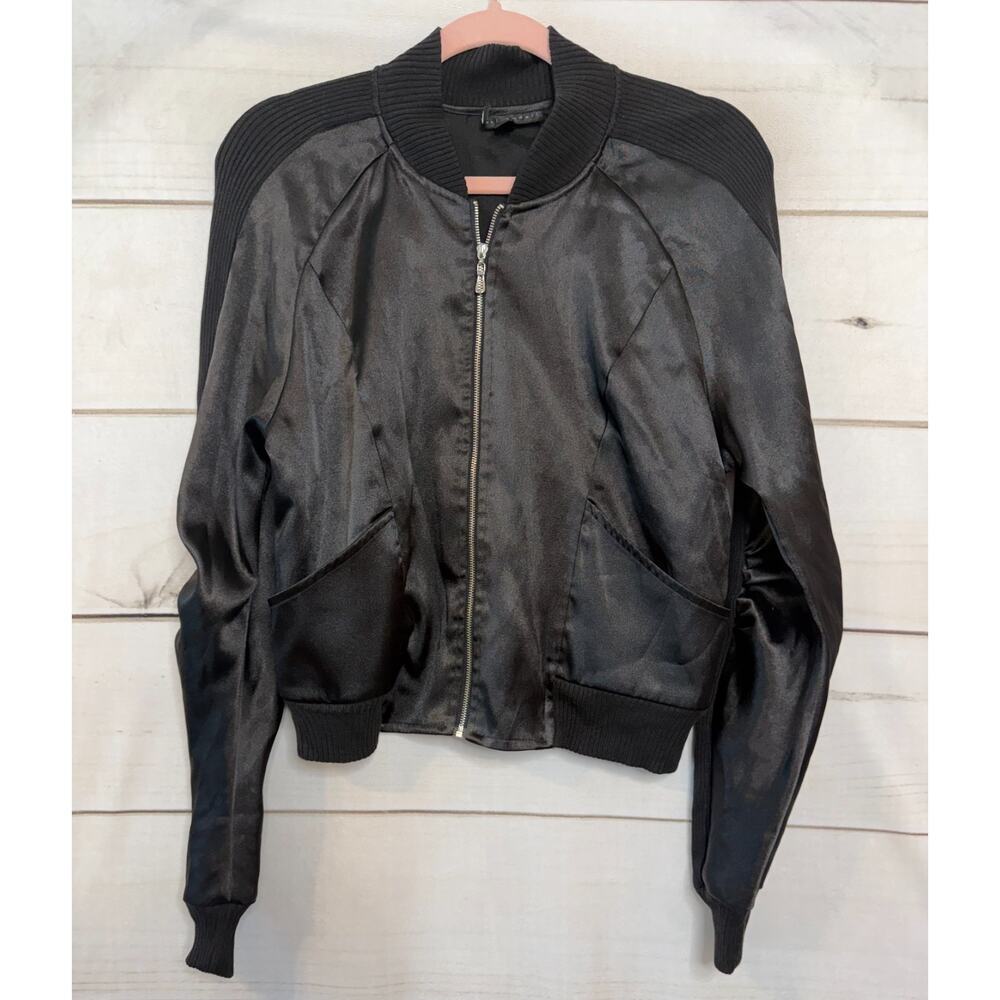 Sheri Bodell Size XS Shiny Black Silver Zip‎ Up Jacket Chic
